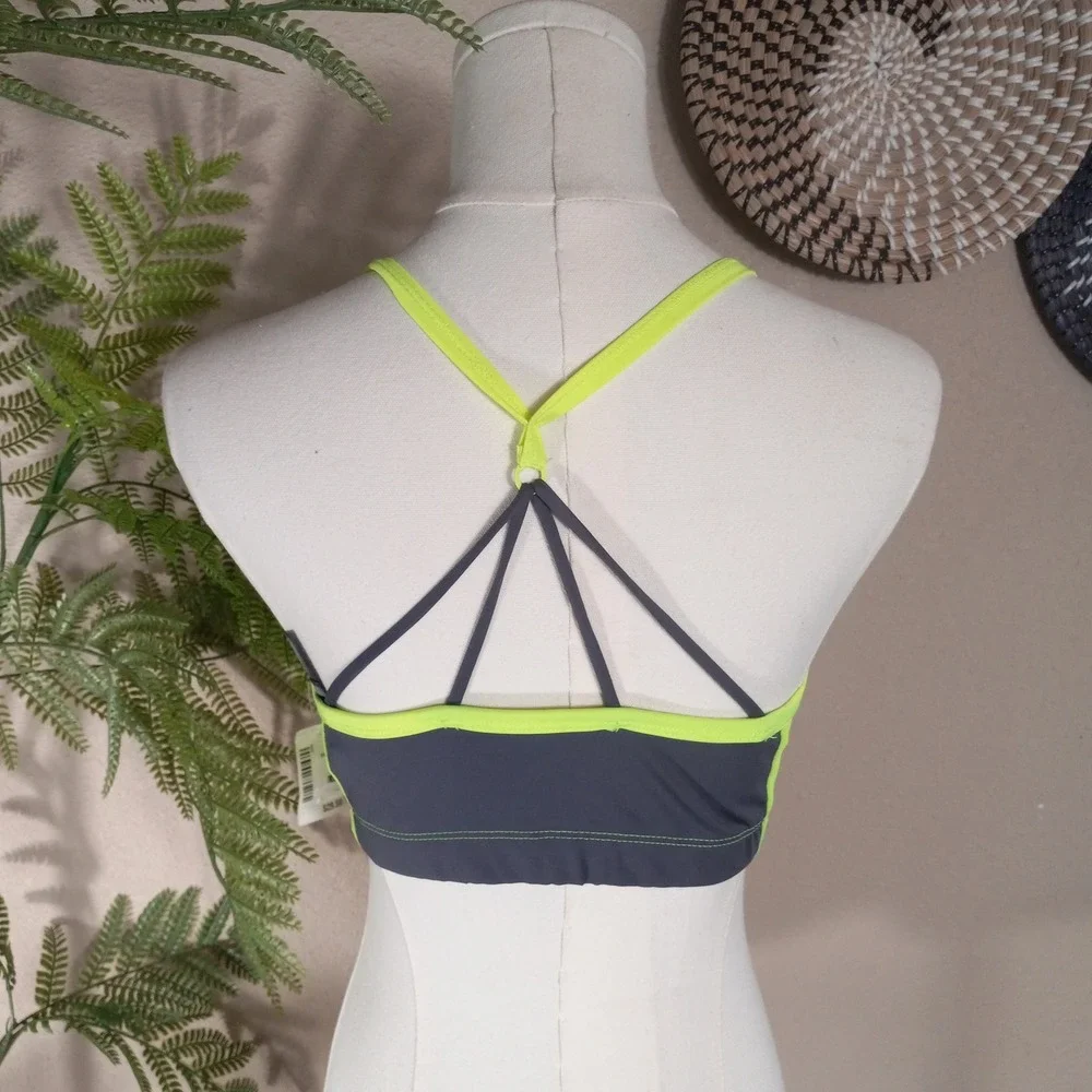 Live Love Dream Womens Sports‎ Bra Gray Neon Yellow Strappy Racerback Mesh Large